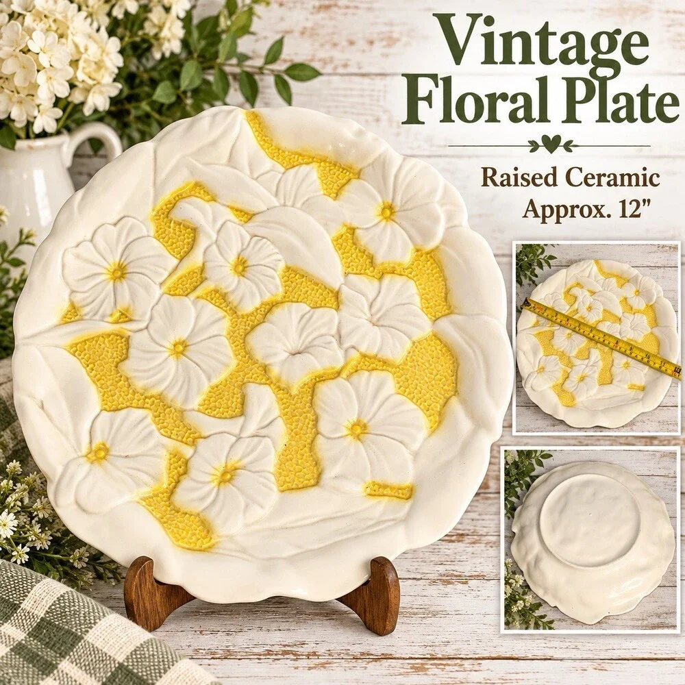 Vintage Ceramic Floral Plate Raised Flowers Yellow Cream 12” Cottage Decor